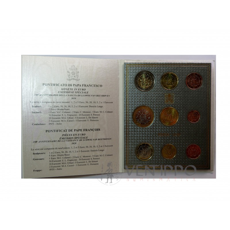 Vaticano, Cartera oficial 9 Valores 2020 + 5€ 250 Aniv. Nacimiento Beethoven.