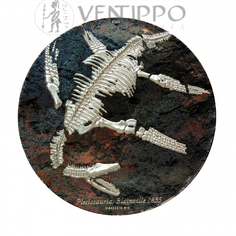 Mongolia, 2000 Togrog ( 3 OZ. 999 mls. ) Plesosaurio, 2020, Proof, muy rara.