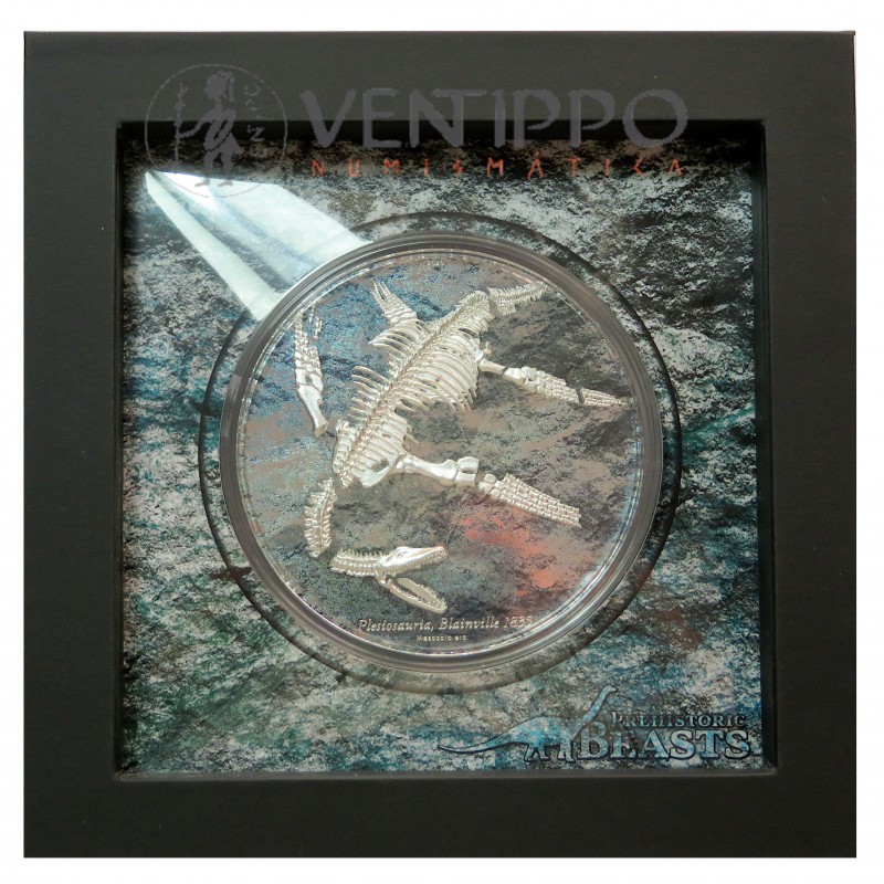 Mongolia, 2000 Togrog ( 3 OZ. 999 mls. ) Plesosaurio, 2020, Proof, muy rara.