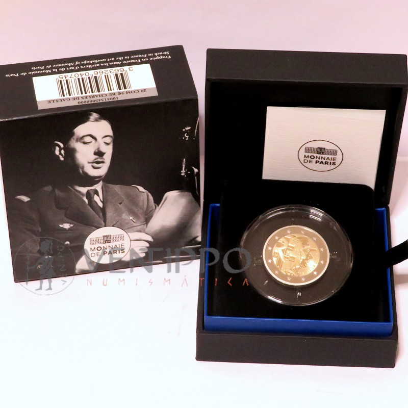 Francia, 2€ 2020 Charles de Gaulle, Proof, Estuche + Certif.