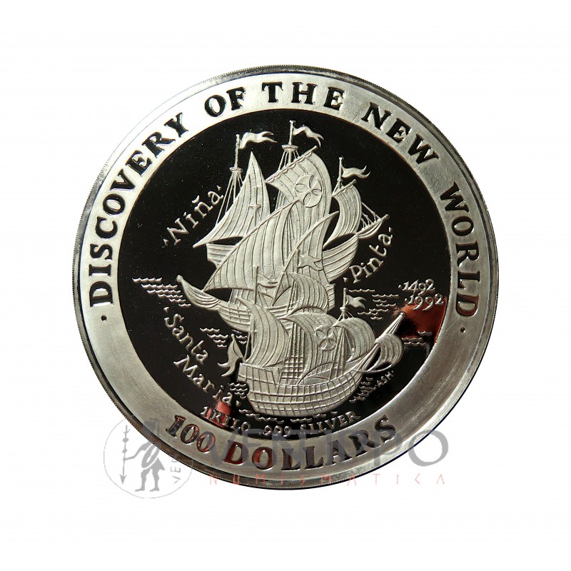 Bahamas, 100 $ Plata ( 1 Kilo Ley 999 mls ), 1992 V Cent. Descubrimiento América Proof.
