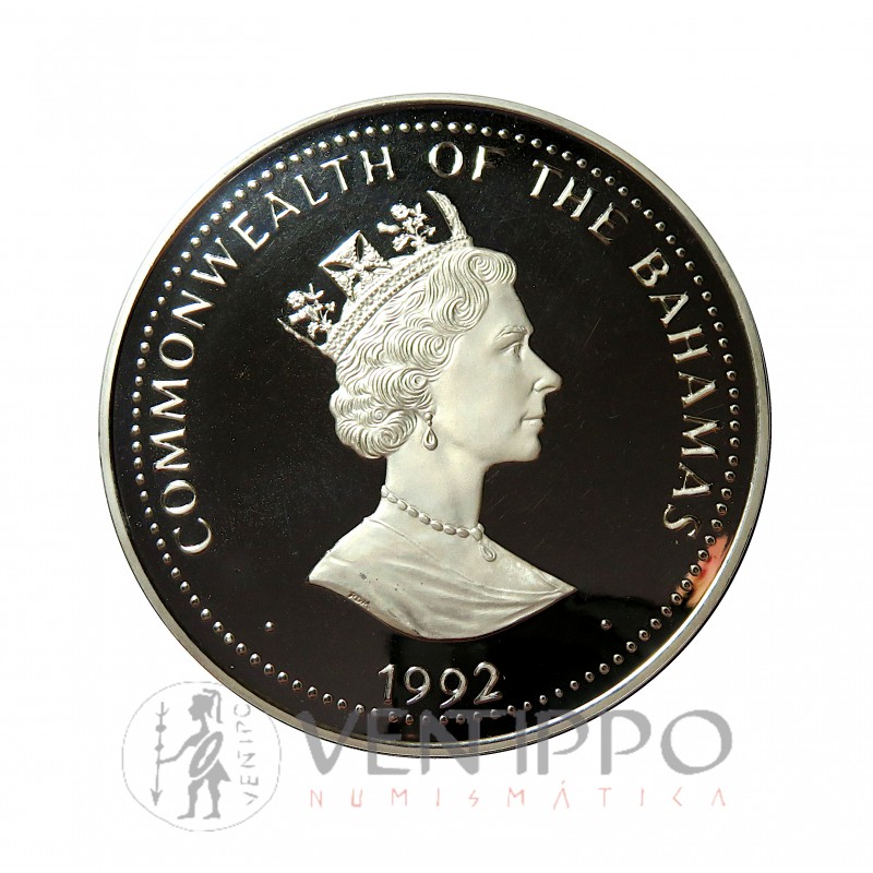 Bahamas, 100 $ Plata ( 1 Kilo Ley 999 mls ), 1992 V Cent. Descubrimiento América Proof.