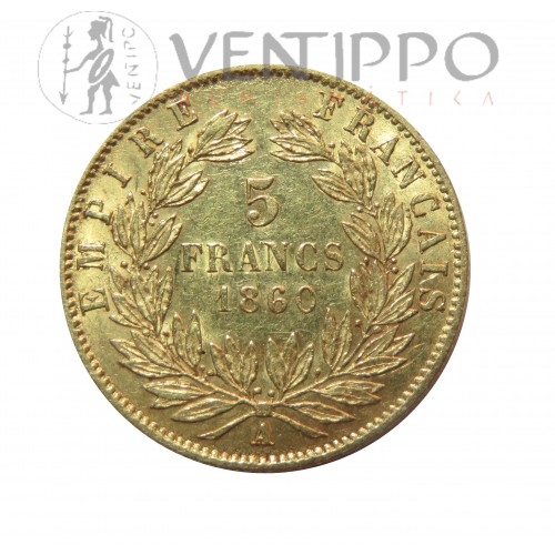 Francia, 5 Francs Oro ( 1,55 grs ley 900 mls ) Napoleón III, 1860 MBC+.
