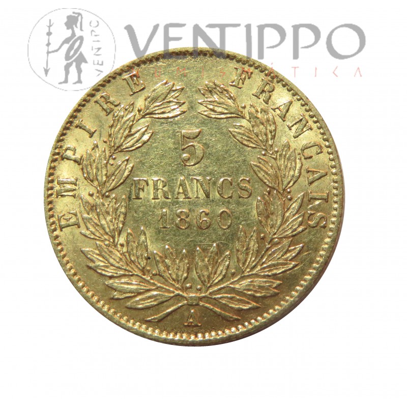 Francia, 5 Francs Oro ( 1,55 grs ley 900 mls ) Napoleón III, 1860 MBC+.