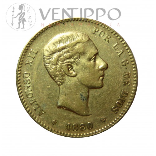 Alfonso XII, 25 pesetas oro ( 8,05 grs, ley 900 mls. ) 1880 ( *18 *80 ) MS.M.