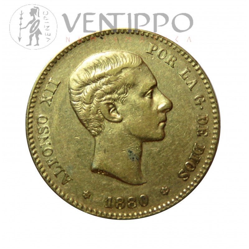 Alfonso XII, 25 pesetas oro ( 8,05 grs, ley 900 mls. ) 1880 ( *18 *80 ) MS.M.