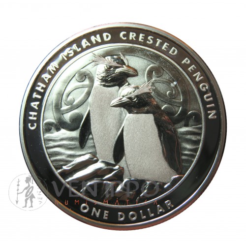 Nueva Zelanda, Dollar plata ( 1 OZ., Ley 999 mls. ), Pingüino de cresta, BU.