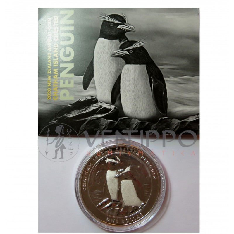 Nueva Zelanda, Dollar plata ( 1 OZ., Ley 999 mls. ), Pingüino de cresta, BU.