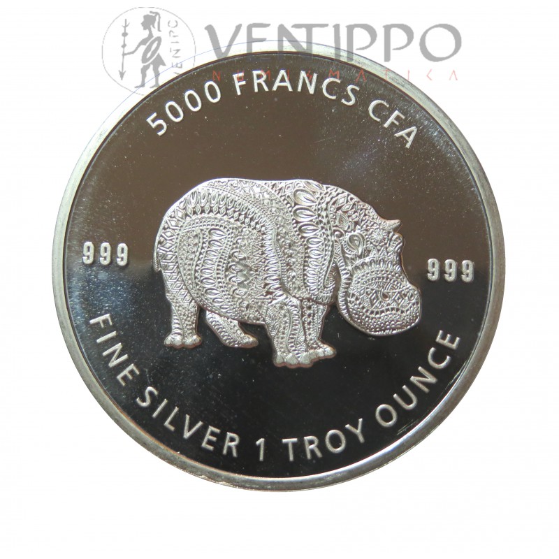 Tchad, 5000 Francs  ( 1 OZ. 999 mls. )Serie Mandala, Hipopótamo 2020, BU.