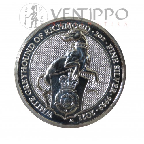 Gran Bretaña, 5 Pounds plata ( 2 OZ. 999 mls. ) Serie Bestias, Galgo de Richmond, 2021.