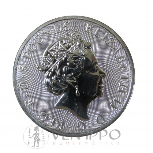 Gran Bretaña, 5 Pounds plata ( 2 OZ. 999 mls. ) Serie Bestias, Galgo de Richmond, 2021.