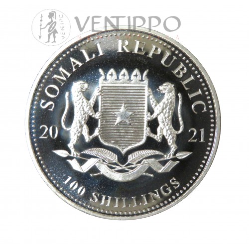 Somalia, 100 Shillings Plata ( 1 OZ 999 mls. ) Elefantes 2021, BU.