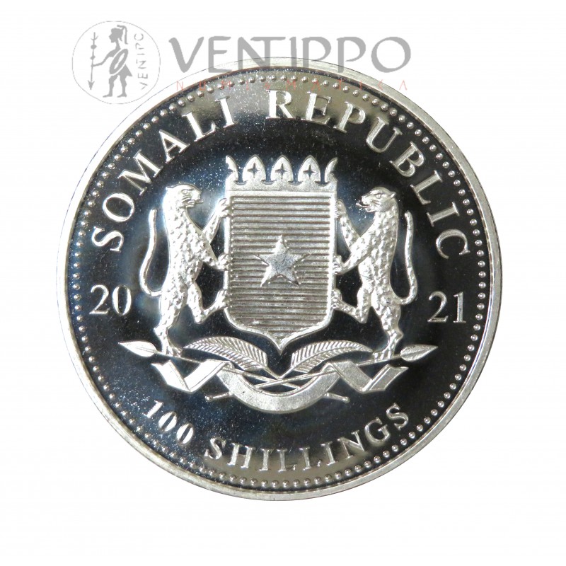 Somalia, 100 Shillings Plata ( 1 OZ 999 mls. ) Elefantes 2021, BU.