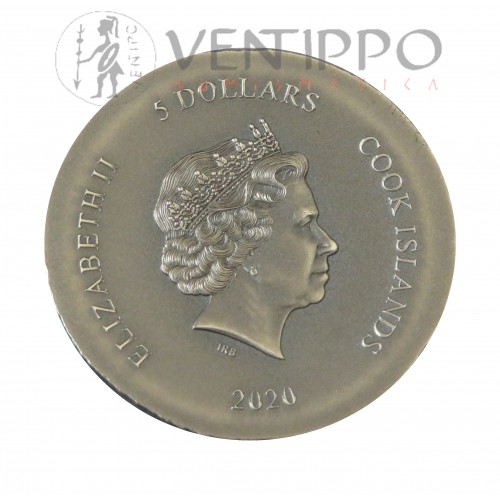 Islas Cook, 5 $ Plata ( 1 OZ  999 mls. ), 2020, Tortuga, Proof, Antique Finish.