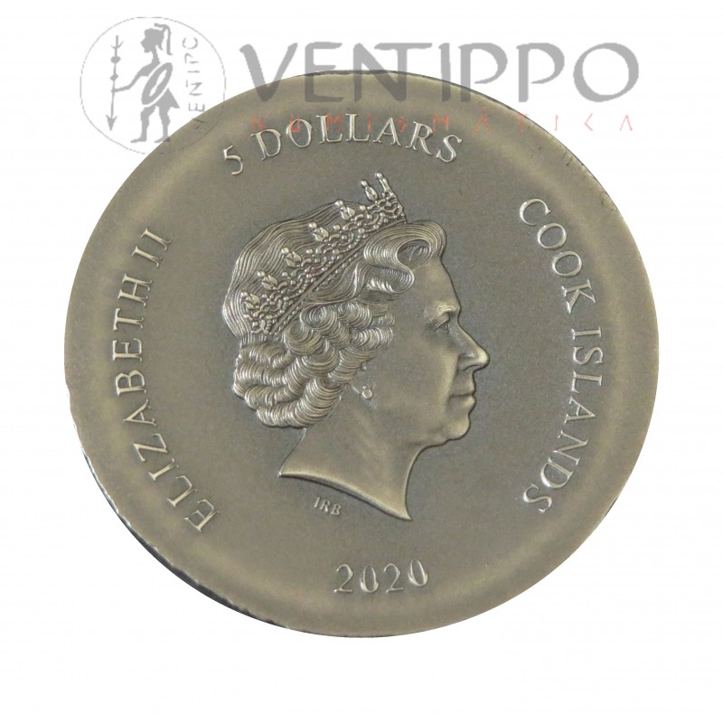 Islas Cook, 5 $ Plata ( 1 OZ  999 mls. ), 2020, Tortuga, Proof, Antique Finish.