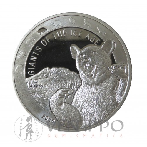 Ghana, 5 Cedis Plata ( 1 OZ.  999 mls. ) 2020 Oso de las Cavernas, BU.