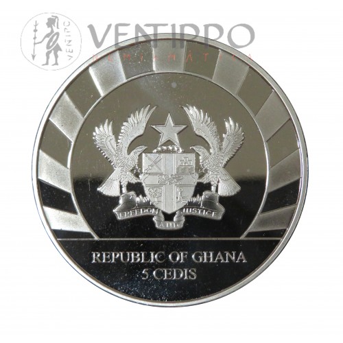 Ghana, 5 Cedis Plata ( 1 OZ.  999 mls. ) 2020 Oso de las Cavernas, BU.