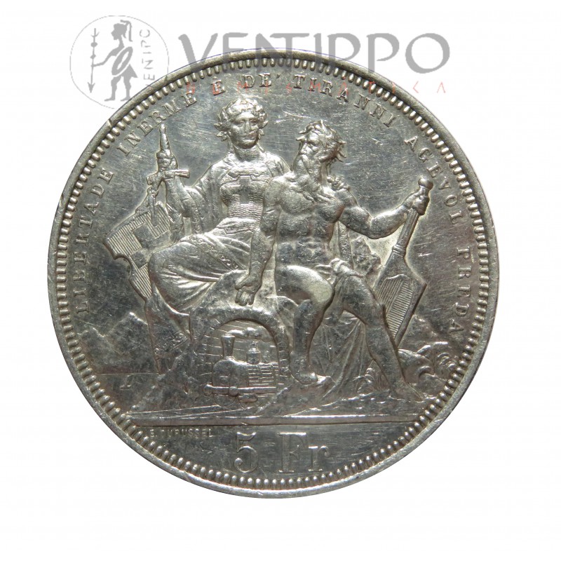 Suiza, 5 Francs plata, Festival Tiro Lugano 1883.