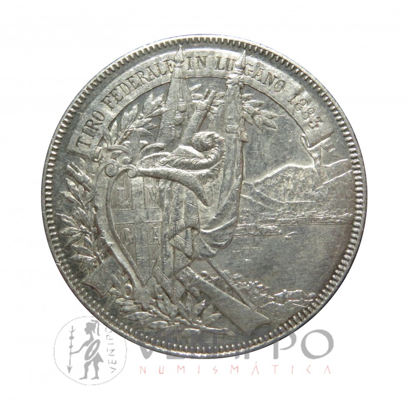 Suiza, 5 Francs plata, Festival Tiro Lugano 1883.