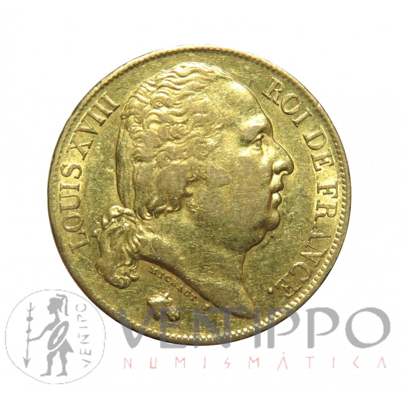 Francia, 20 Francs Oro ( 6,45 gramos, ley 900 milésimas ) 1819 A, MBC+