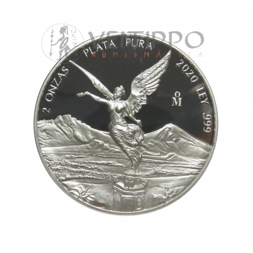 México, 2 Onzas plata ( 62,20 gramos, ley 999 mls. ) Libertad 2020, Prooof.