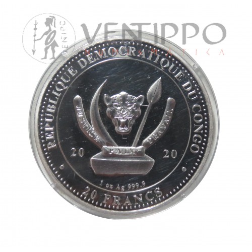 R.D. Congo, 20 Francs plata ( 1 OZ. 999 mls ) 2020 Ballena relieve oro, BU