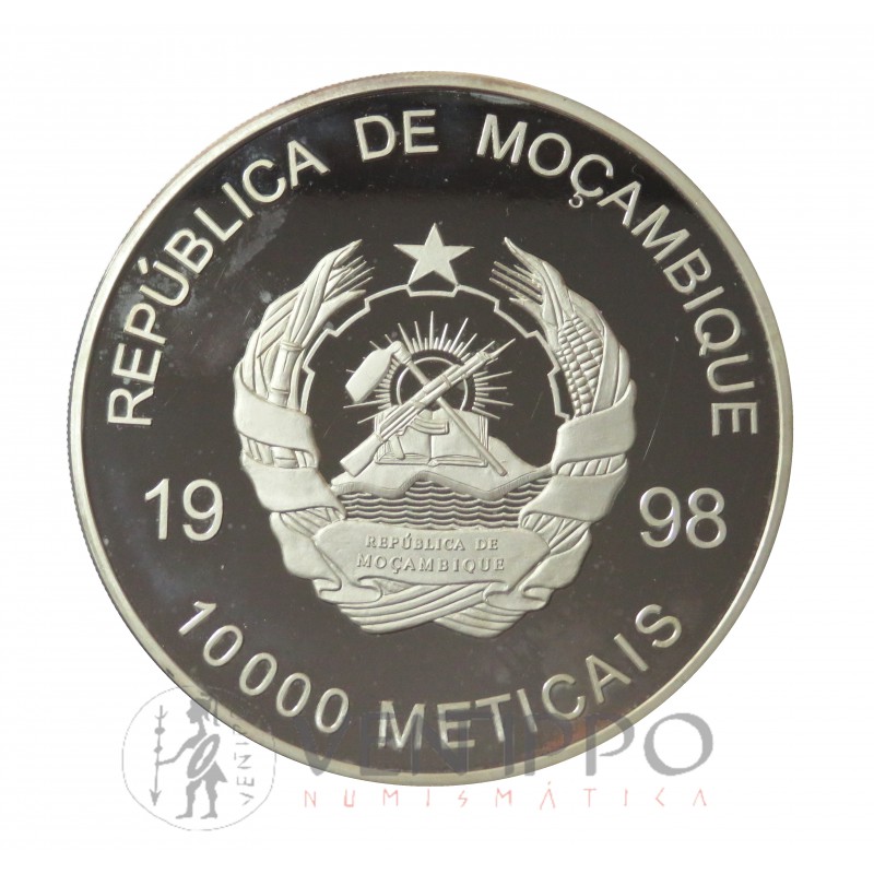 Mozambique, 10000 Meticais Plata ( 822,85 gramos, Ley 999 mls. ) 1998 JJ.00. Sydney, Proof.