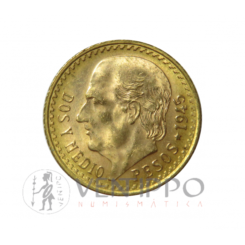 México, Dos y Medio Pesos, Oro, 1945, S/C-