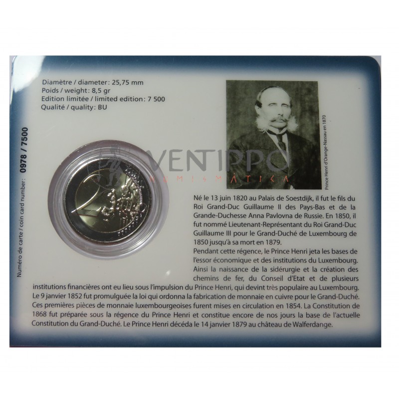 Luxemburgo, 2 € coincard FDC II Cent. Nacimiento Príncipe Henri D'orange-Nassau
