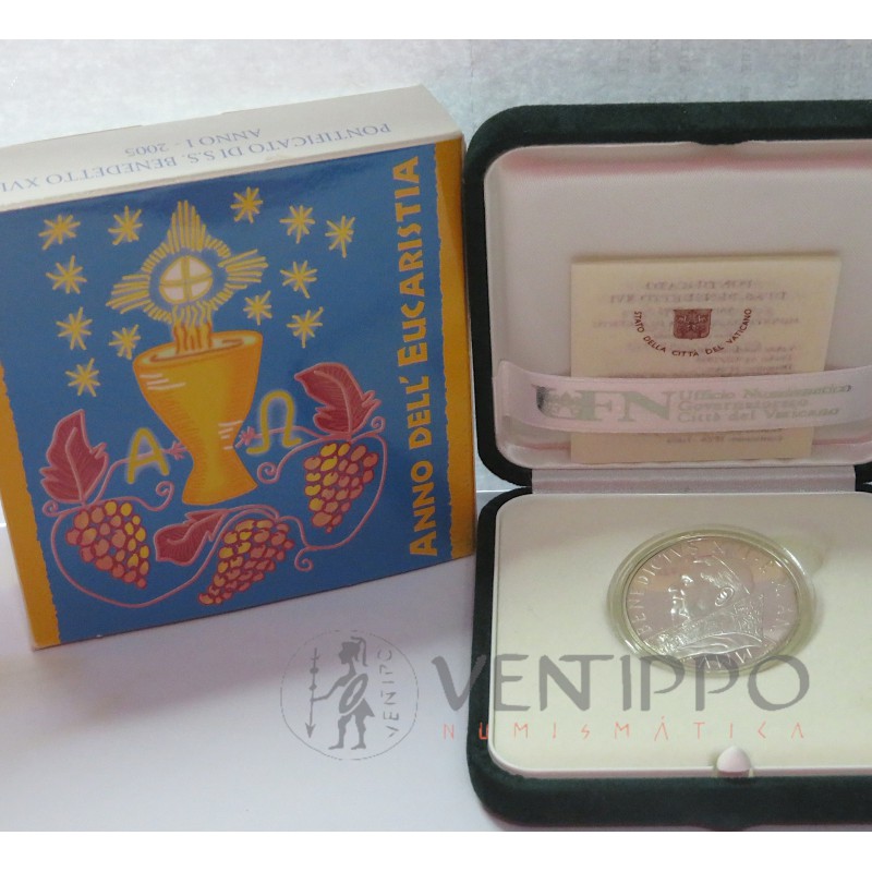 Vaticano, 10€ plata 2005, Año de la Eucaristía, Proof, Estuche + Certificado.