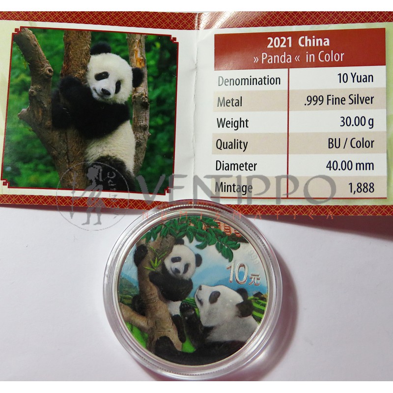 China, 10 Yuan plata ( 30 grs. ley 999 mls. ) Panda coloreado 2021 Tejado, con certificado.