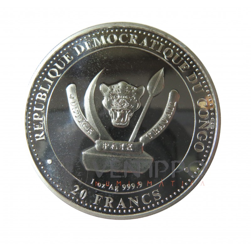 Congo, 20 Francs plata  ( 1 OZ. 999 mls. ) 2020 T-Rex, Bu.