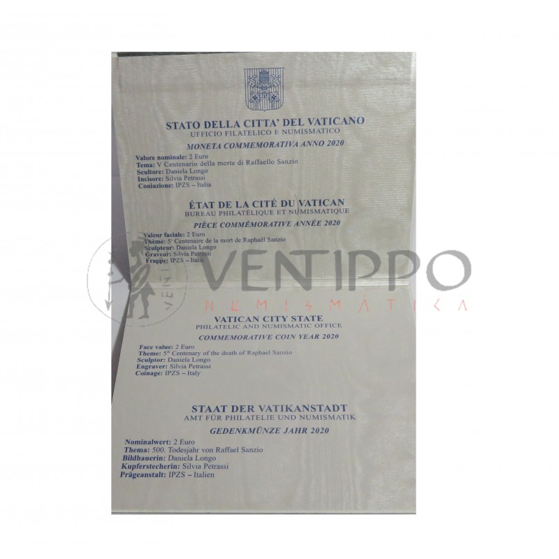 Vaticano, Cartera Oficial 2 € 2020, V Centenario Muerte Rafael Sanzio.