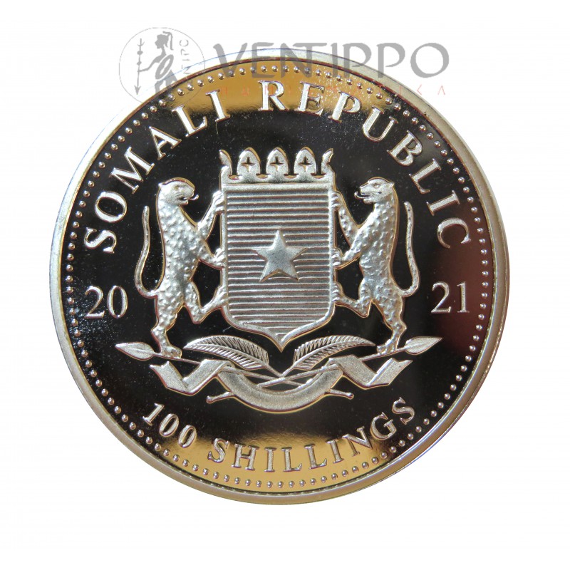 Somalia, 100 Shillings Plata ( 1 OZ. 999 mls. ) Leopardo 2021, BU.