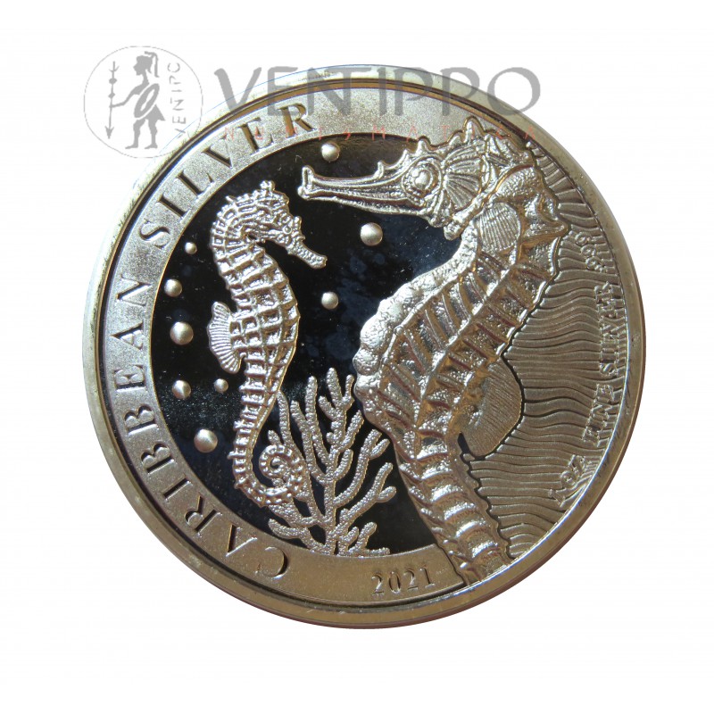 Barbados, 1 $ Plata ( 1 OZ. 999 mls. ) Caballito de Mar Caribeño, 2021, BU.