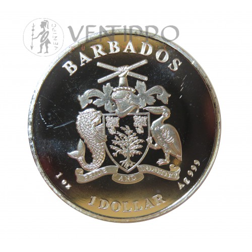 Barbados, 1 $ Plata ( 1 OZ. 999 mls. ) Caballito de Mar Caribeño, 2021, BU.