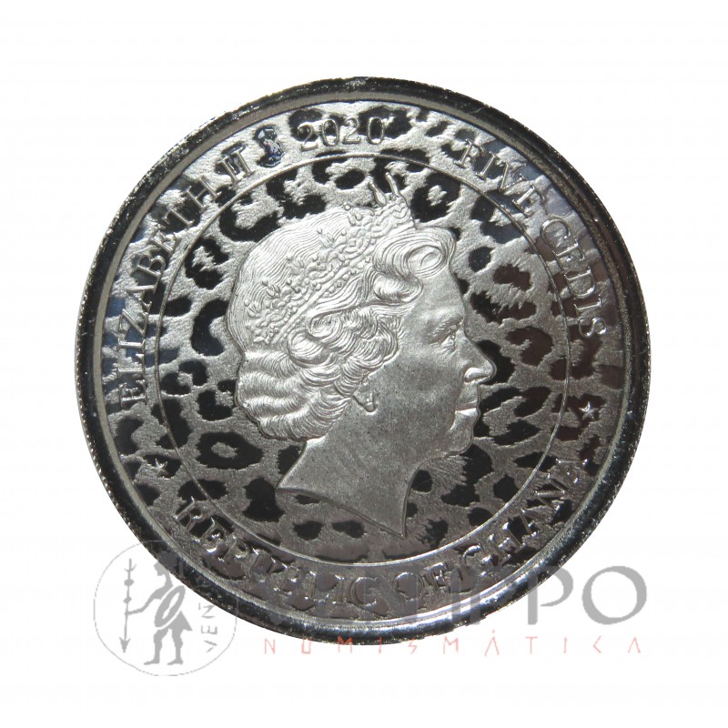 Ghana, 5 Cedis Plata ( 1 OZ 999 mls. ) Leopardo, 2020, Prooflike.