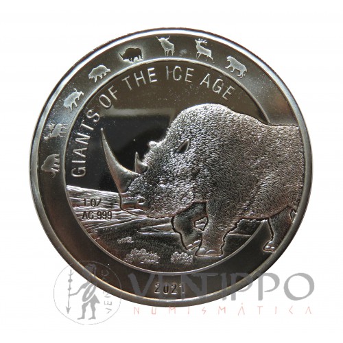 Ghana, 5 Cedis plata ( 1 OZ. 999 mls. ) 2021, Rinoceronte Lanudo, BU.