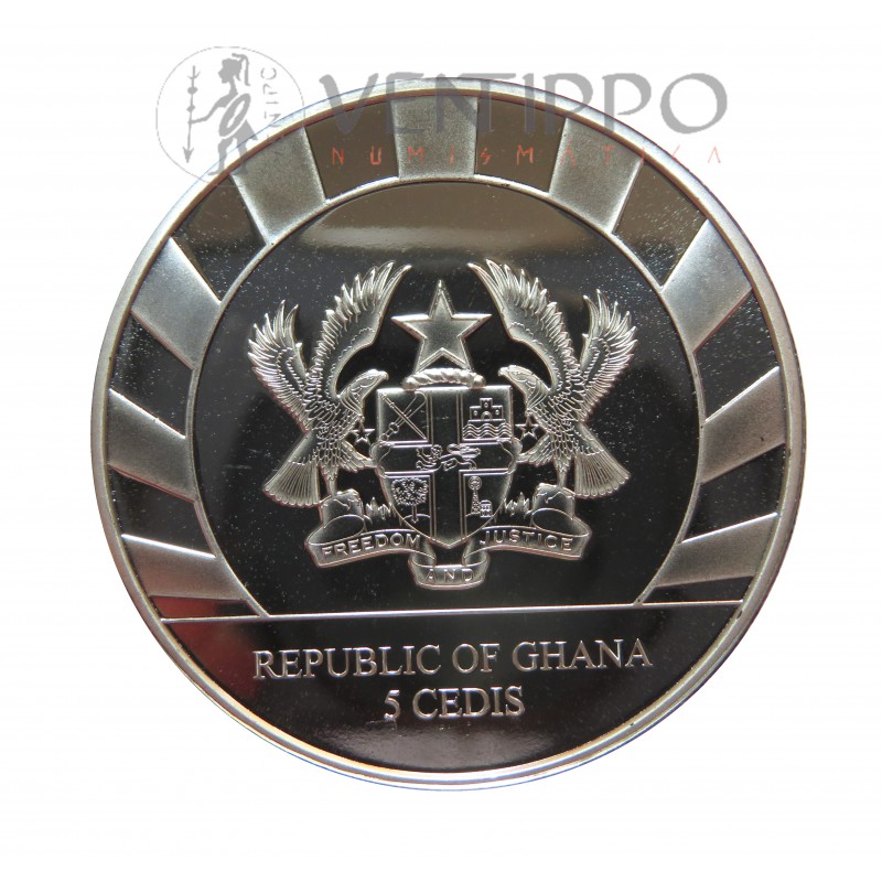 Ghana, 5 Cedis plata ( 1 OZ. 999 mls. ) 2021, Rinoceronte Lanudo, BU.