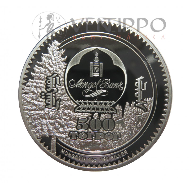 Mongolia, 500 Togrog plata ( 1 OZ. ley 999 mls. ) 2021, Erizo, Proof High Relief.