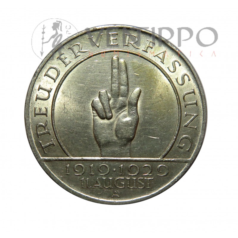 Alemania, 3 Reichsmark Plata, 1929, X Aniversario Constitución de Weimar.