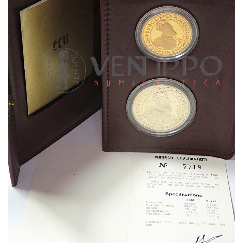 Bélgica, Cartera oficial 5 + 50 ECU Plata y oro 1988, Proof.