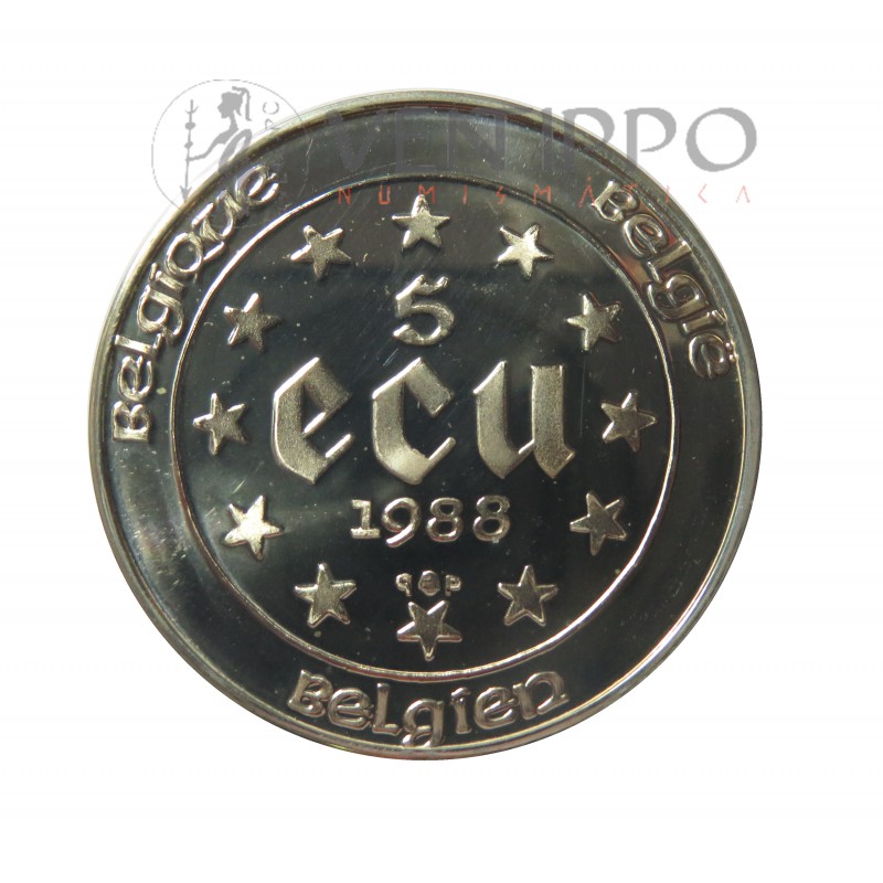Bélgica, Cartera oficial 5 + 50 ECU Plata y oro 1988, Proof.