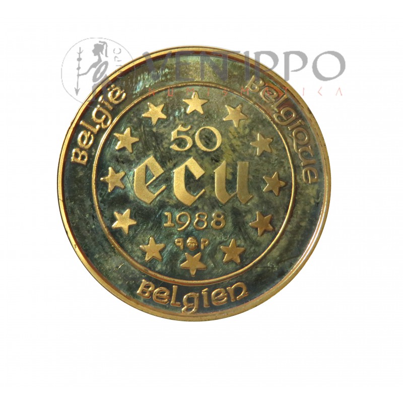 Bélgica, Cartera oficial 5 + 50 ECU Plata y oro 1988, Proof.