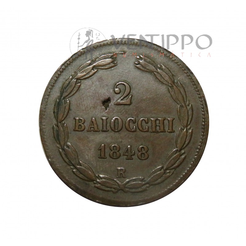 Vaticano, 2 Baiocchi, Pio IX, 1848, MBC+