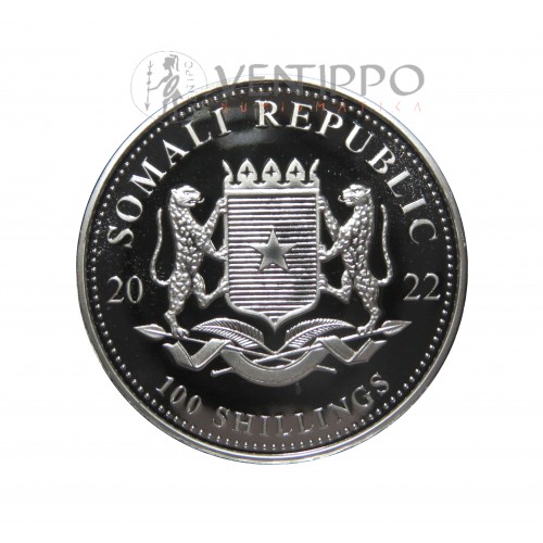 Somalia, 100 Shillings Plata ( 1 OZ. 999 mls.) Elefantes 2022, BU.