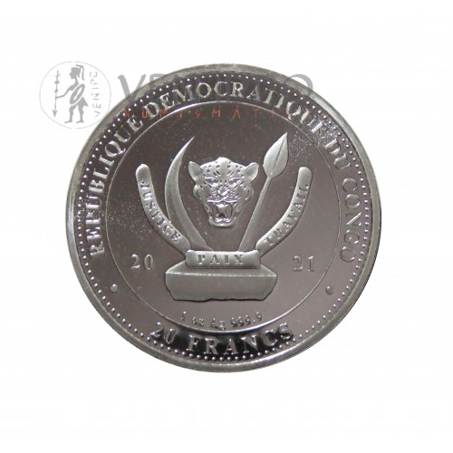 R.D. Congo, 20 Francs plata ( 1 OZ. 999 mls. ) 2021, Águila calva, Relieve oro, BU.
