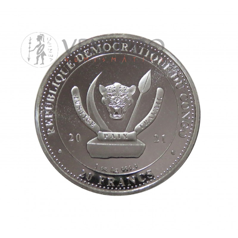 R.D. Congo, 20 Francs plata ( 1 OZ. 999 mls. ) 2021, Águila calva, Relieve oro, BU.