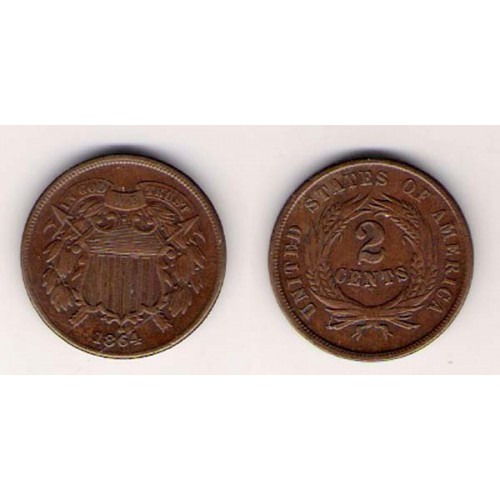 ESTADOS UNIDOS, 2 CENTS, 1864 MBC+, ESCASA