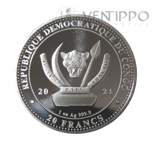 R.D. Congo, 20 Francs Plata (  1 OZ. 999 mls. ) 2021, Águila calva coloreada, BU.